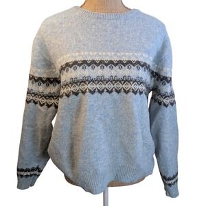 Vintage Indeed Fair Isle Shetland Wool Sweater Baby Blue Nordic Pullover Women L